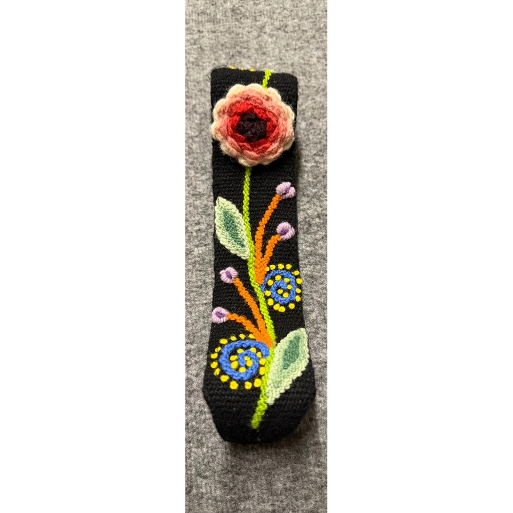 Alpaca Flower Handmade Wool  Embroidered Knit Headband Black Floral Boho Folk